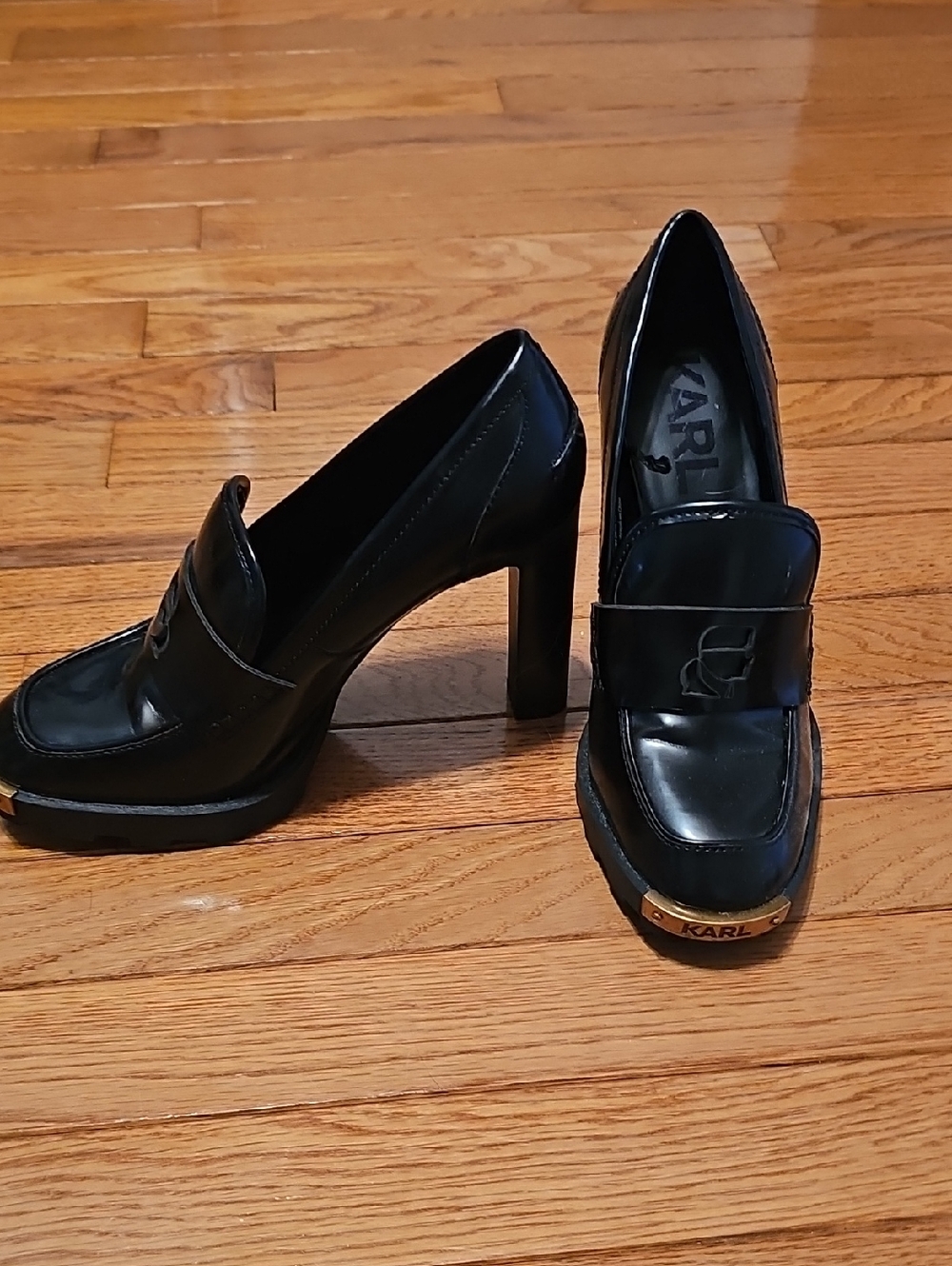 Karl Lagerfeld Black Patent Leather Block Heel Loafers with Gold Trim